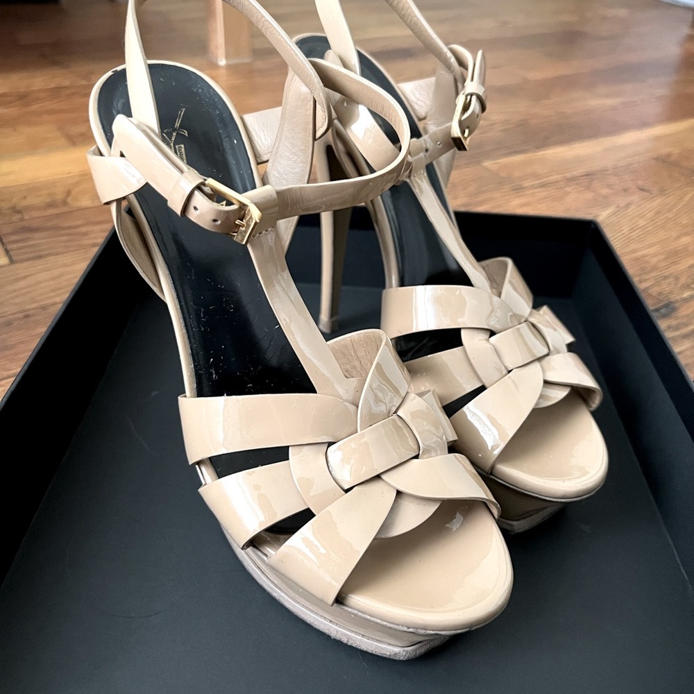Saint Laurent Tribute 105MM Patent Leather Platform Sandals